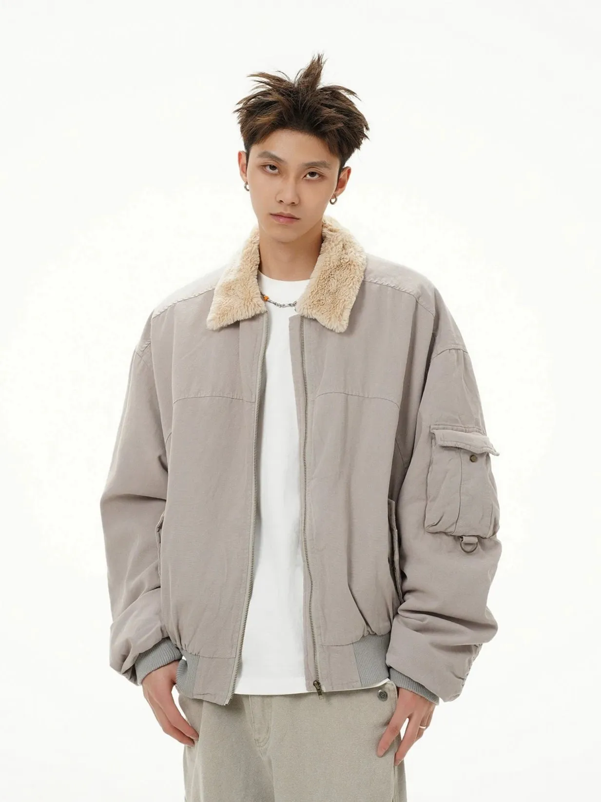 Fleece Lined Collar Zip-Up Bomber Jacket