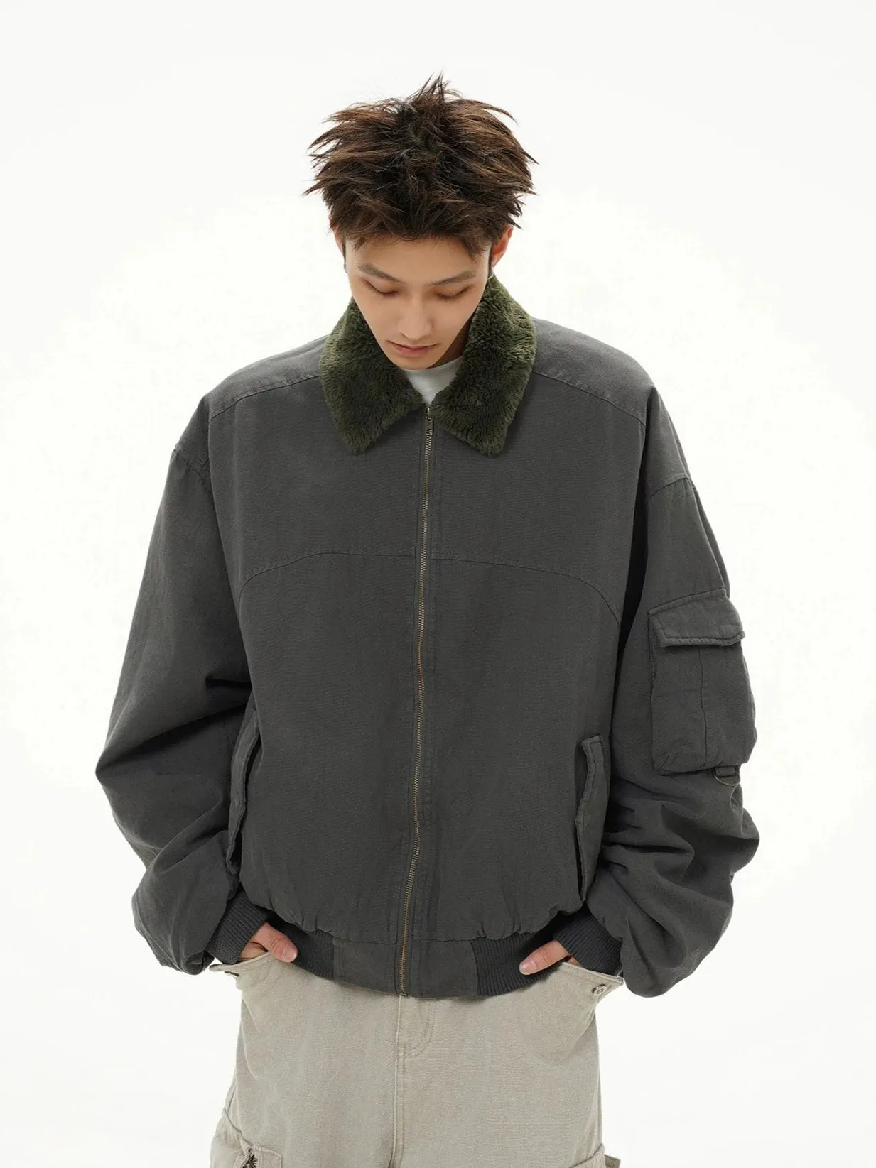 Fleece Lined Collar Zip-Up Bomber Jacket