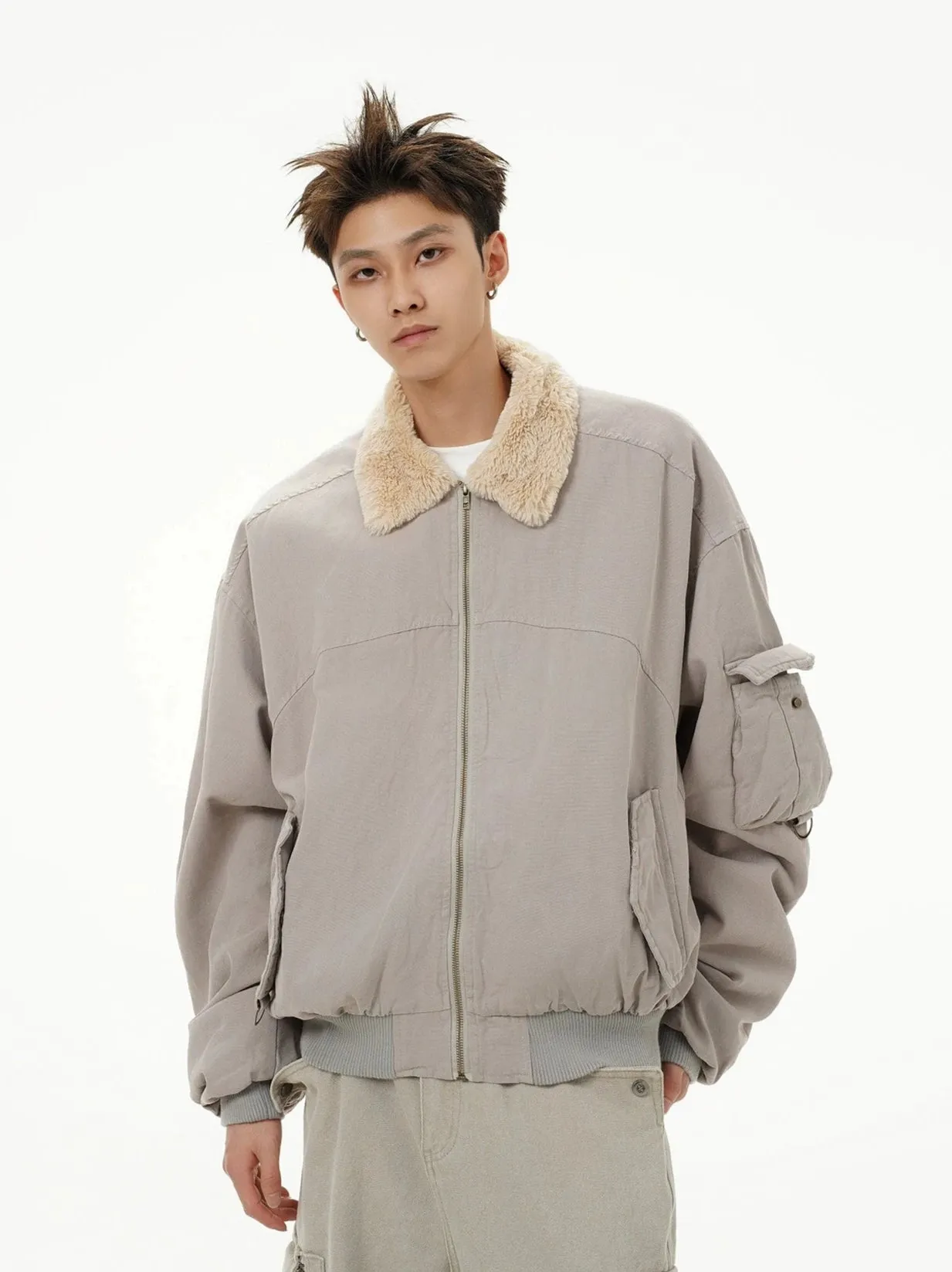 Fleece Lined Collar Zip-Up Bomber Jacket