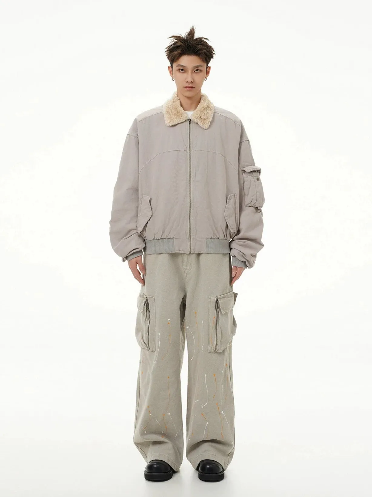 Fleece Lined Collar Zip-Up Bomber Jacket
