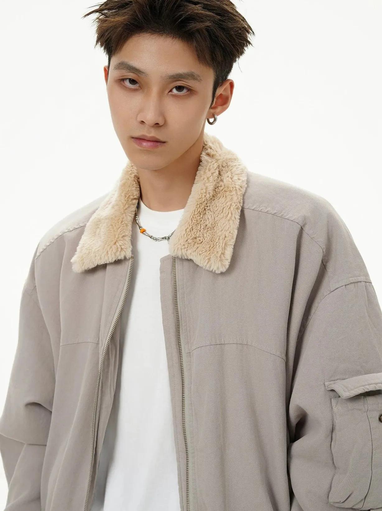 Fleece Lined Collar Zip-Up Bomber Jacket