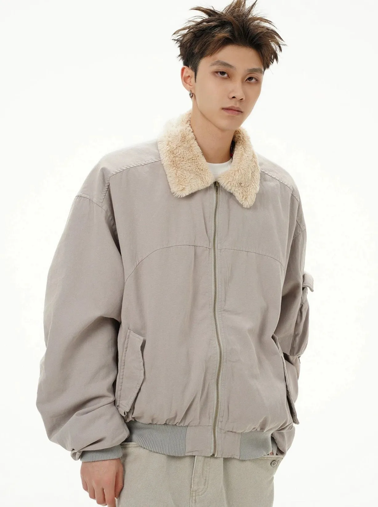 Fleece Lined Collar Zip-Up Bomber Jacket