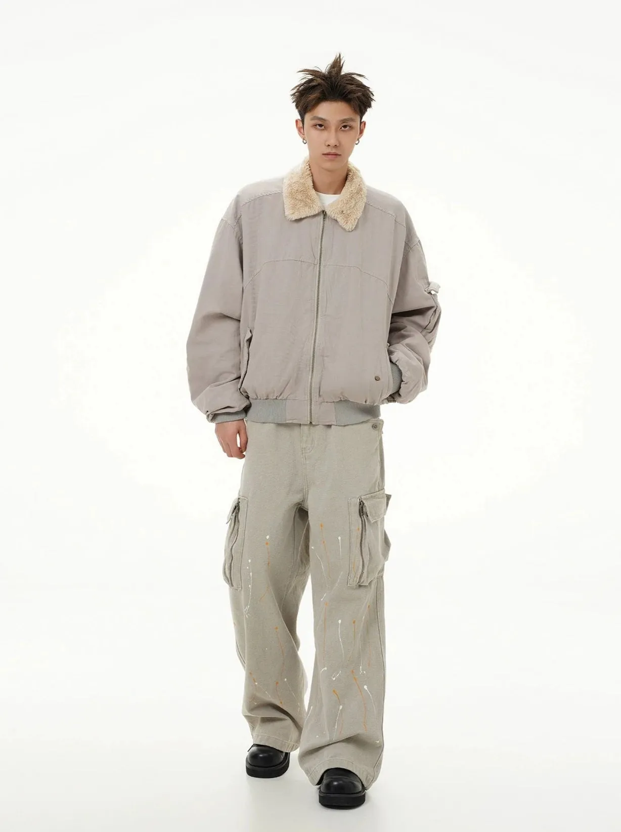 Fleece Lined Collar Zip-Up Bomber Jacket