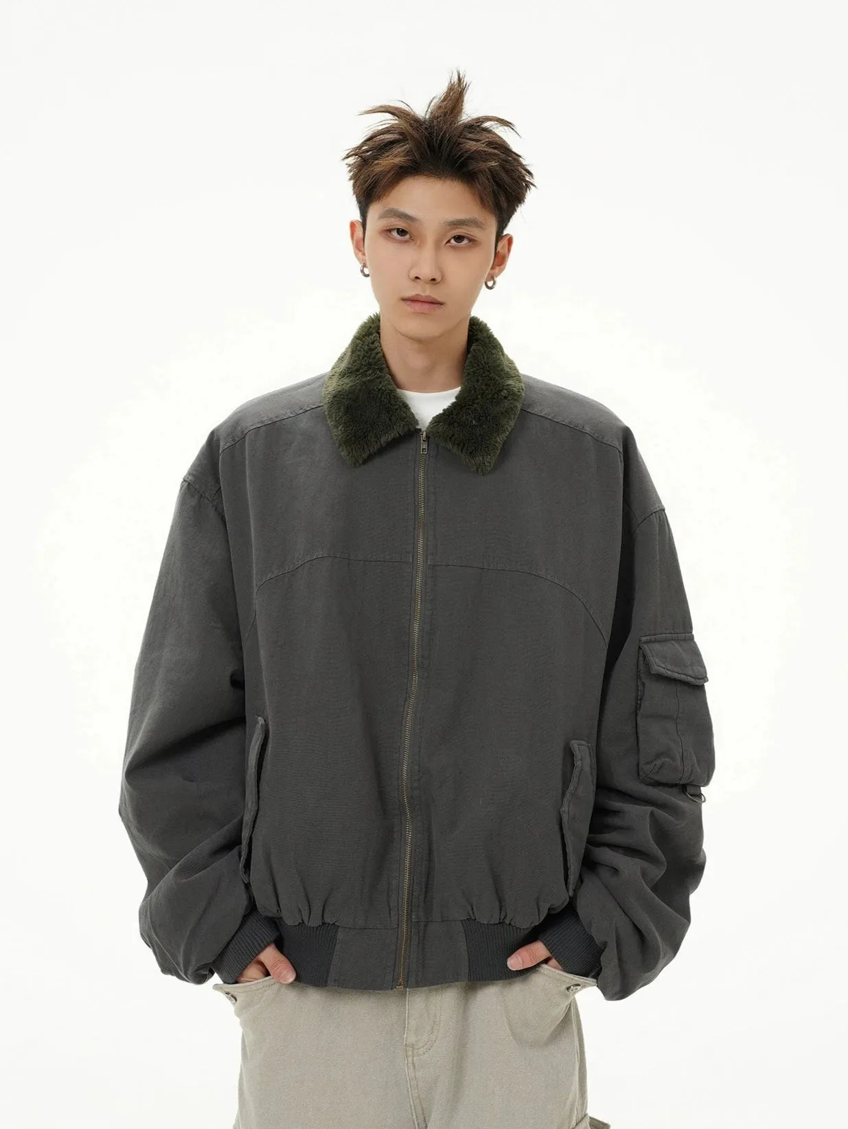 Fleece Lined Collar Zip-Up Bomber Jacket