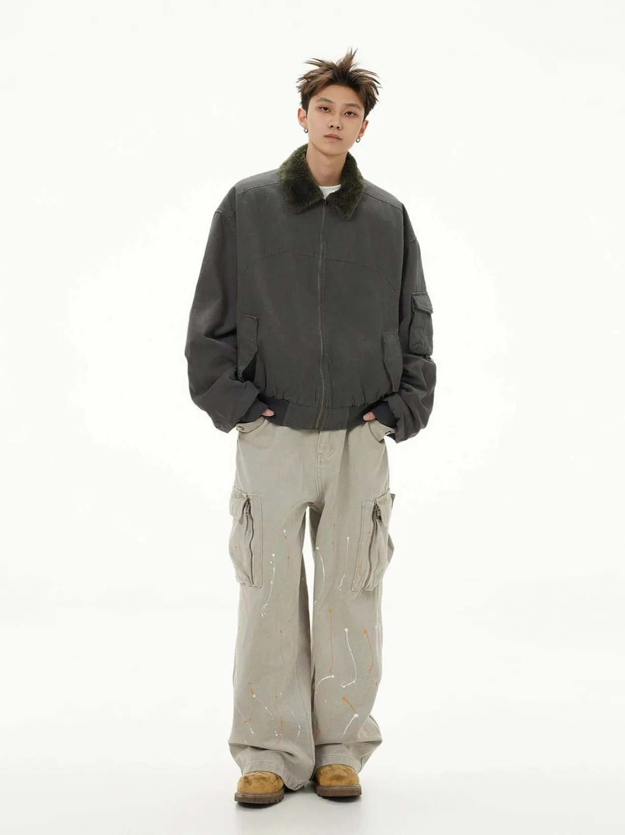 Fleece Lined Collar Zip-Up Bomber Jacket