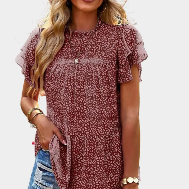 Floral Mock Neck Blouse with Ruffle Sleeve