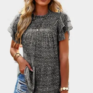 Floral Mock Neck Blouse with Ruffle Sleeve