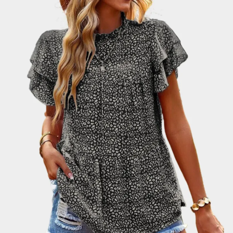 Floral Mock Neck Blouse with Ruffle Sleeve