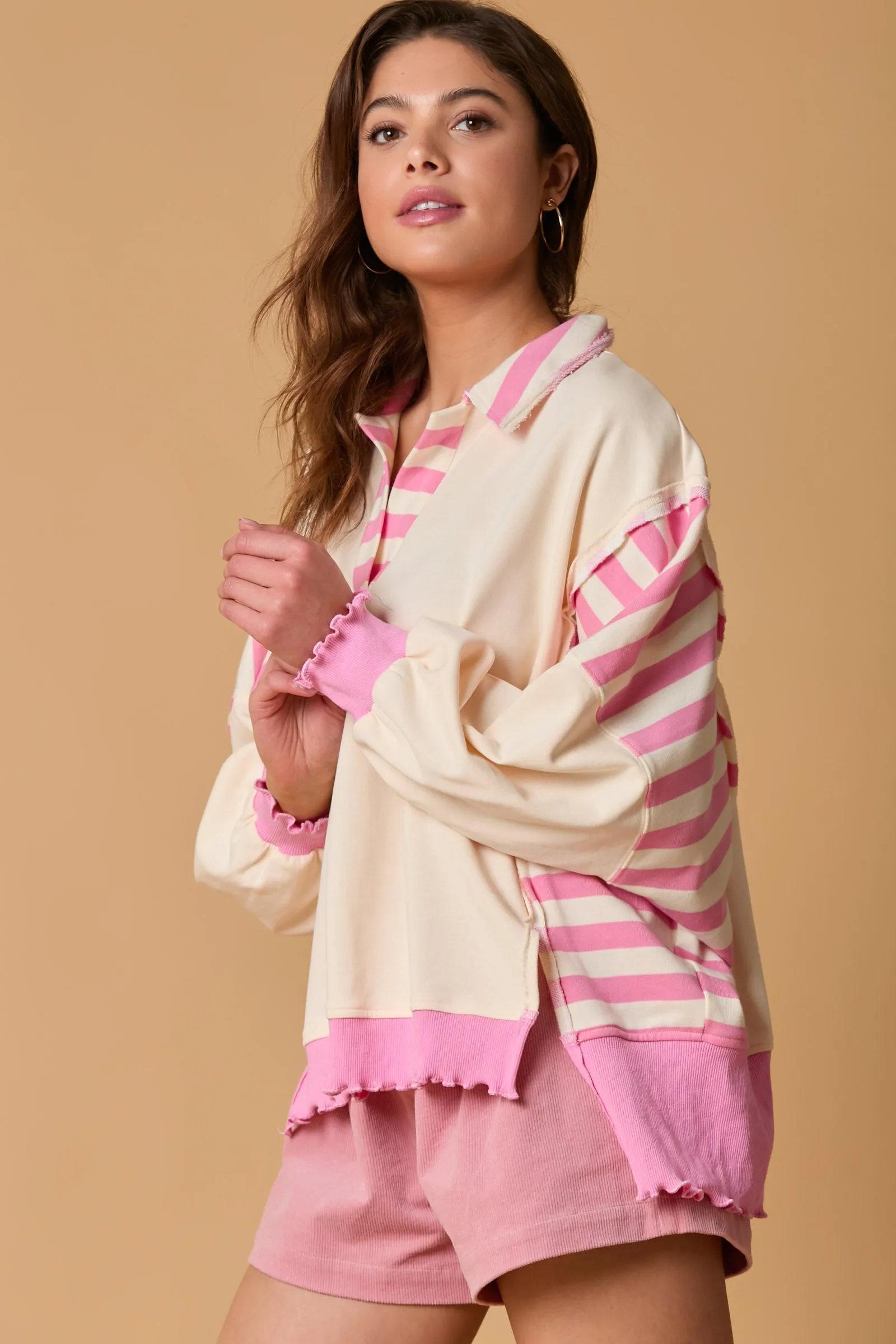 French Terry Stripe Mixed Loose Fit Rugby Top