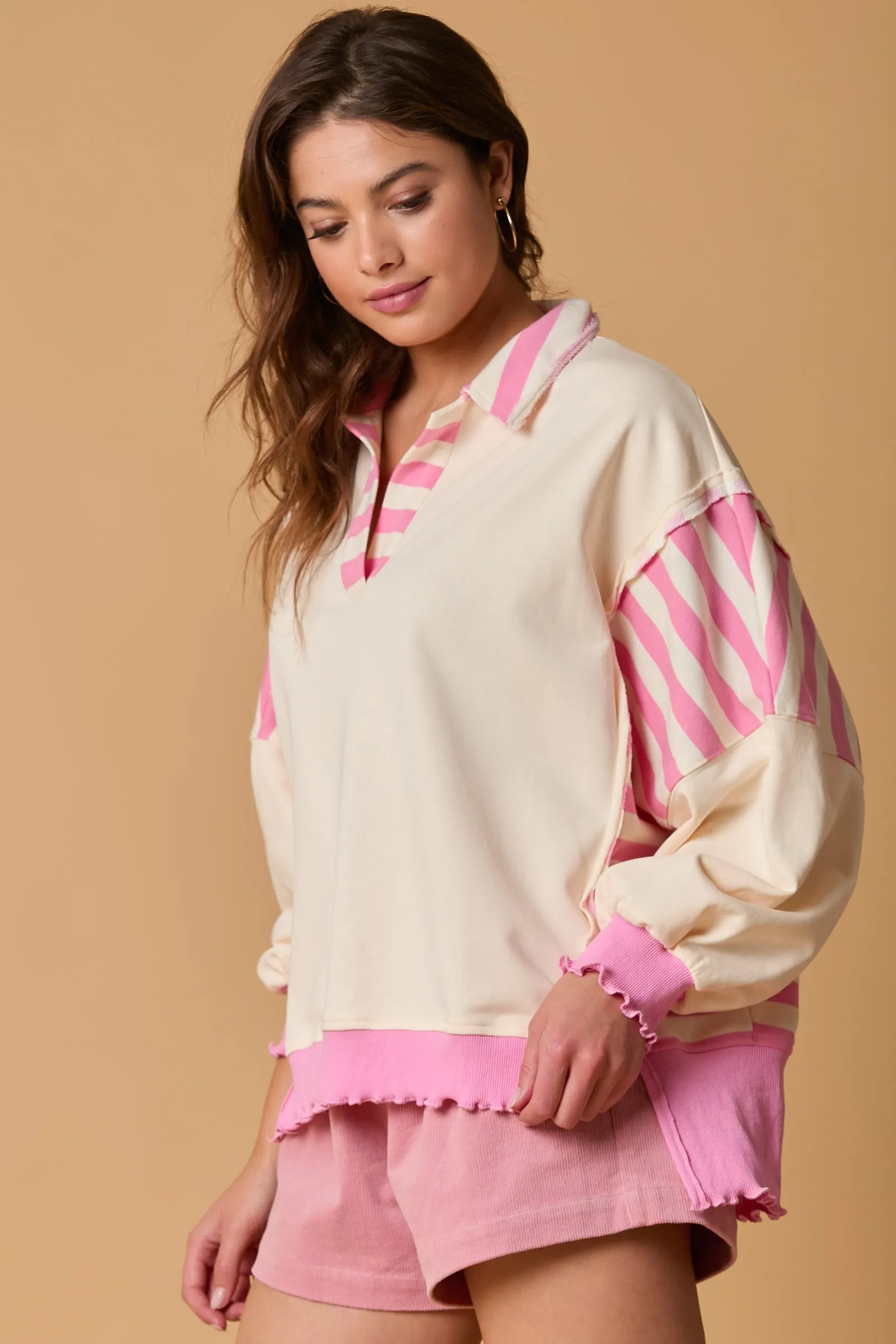 French Terry Stripe Mixed Loose Fit Rugby Top