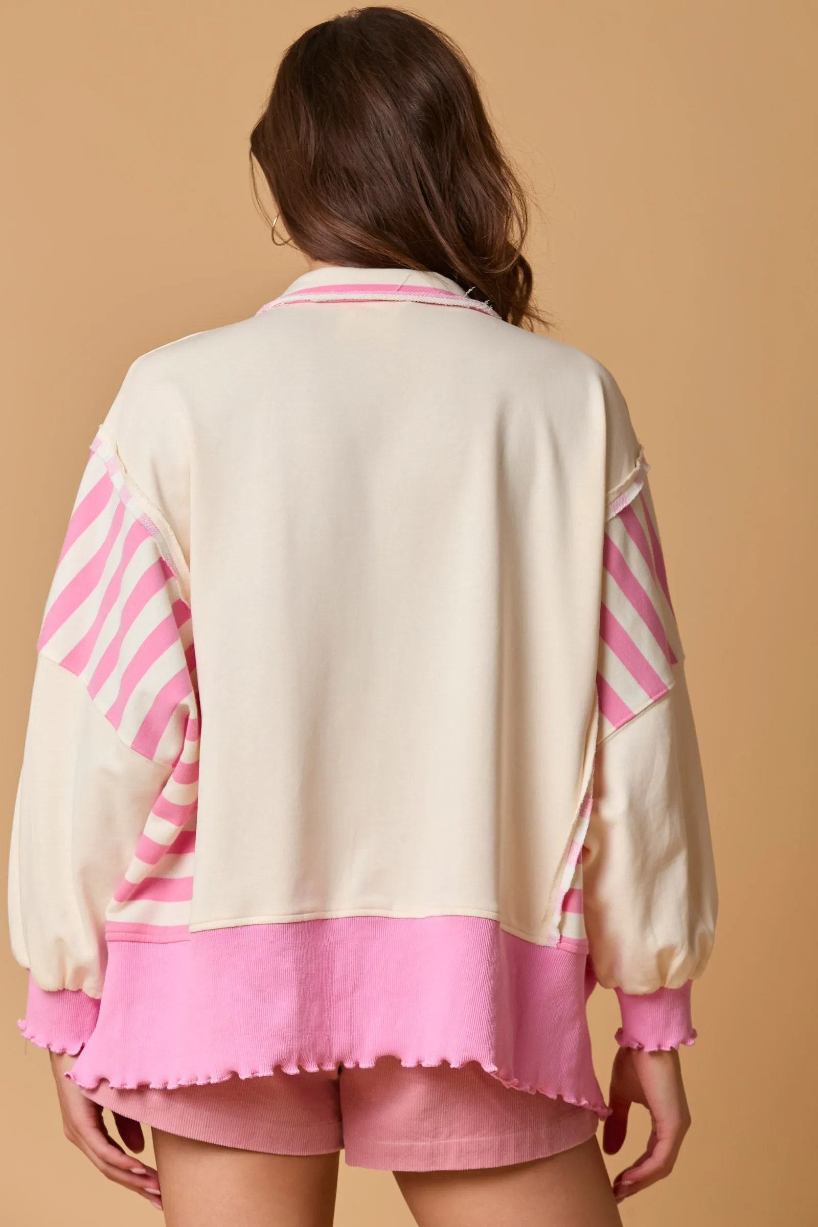 French Terry Stripe Mixed Loose Fit Rugby Top