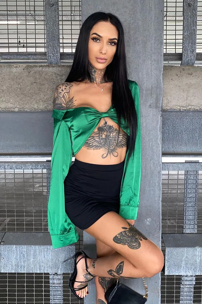 Green Satin Plunge Neck Crop Top - Esther