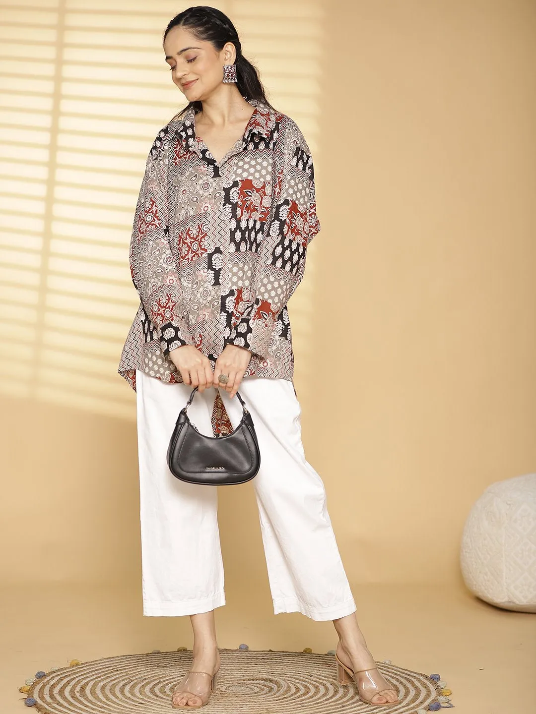 Grey CottonPrinted OversizedShirt