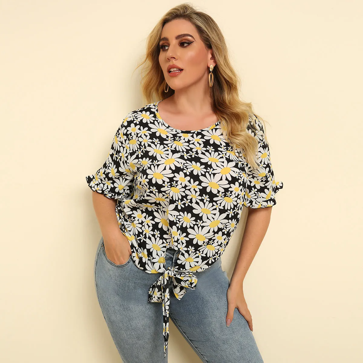 KittenAlarm - Plus Size Women Round Neck Loose Tie T-shirt Daisy Print Top Blouse