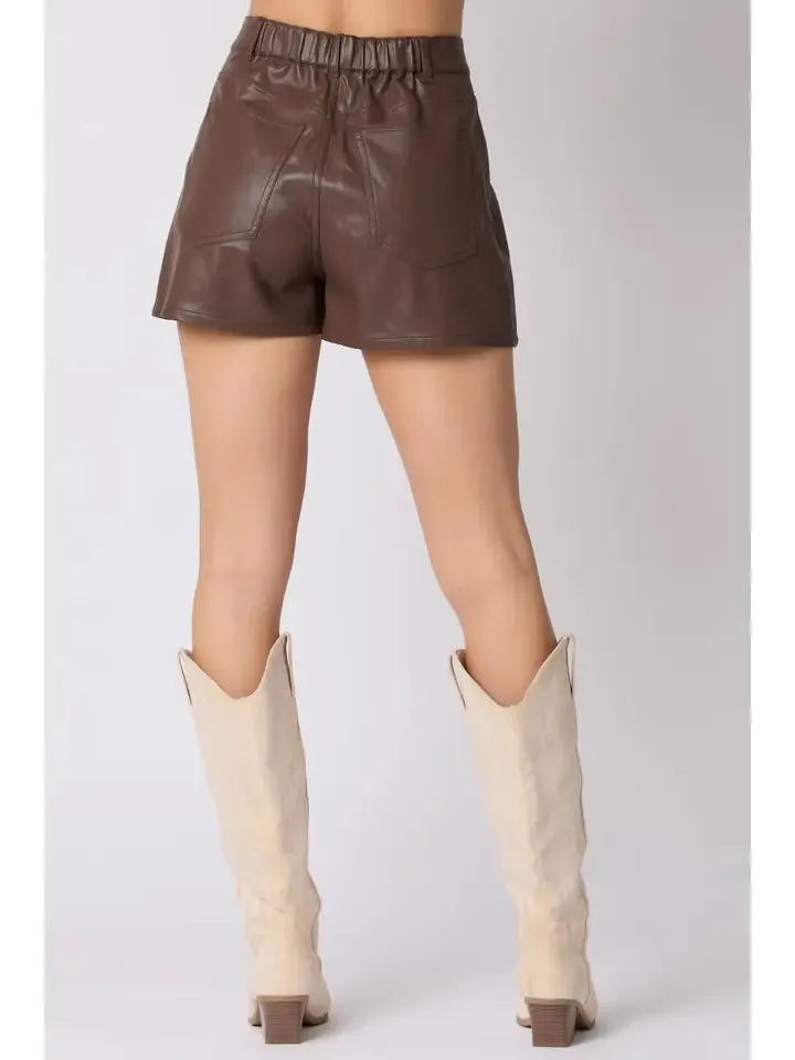 Leather Pin Tuck Detail Shorts With Pearl