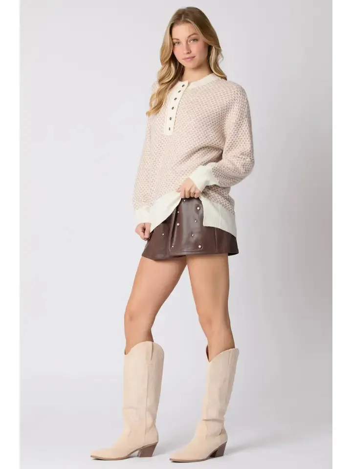 Leather Pin Tuck Detail Shorts With Pearl