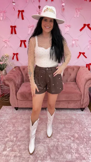 Leather Pin Tuck Detail Shorts With Pearl