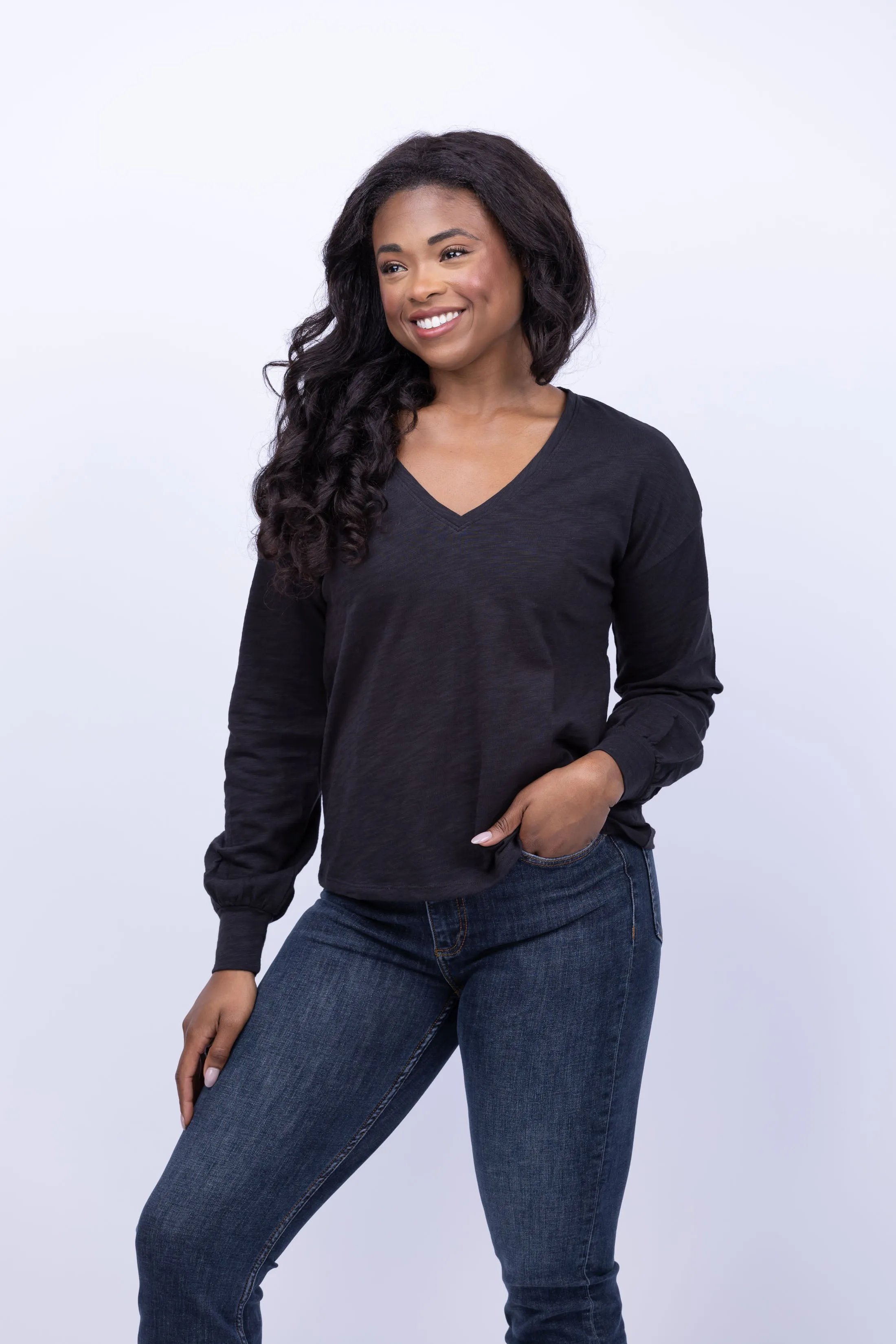 Lilla P Drop Shoulder V-Neck Tee in Black