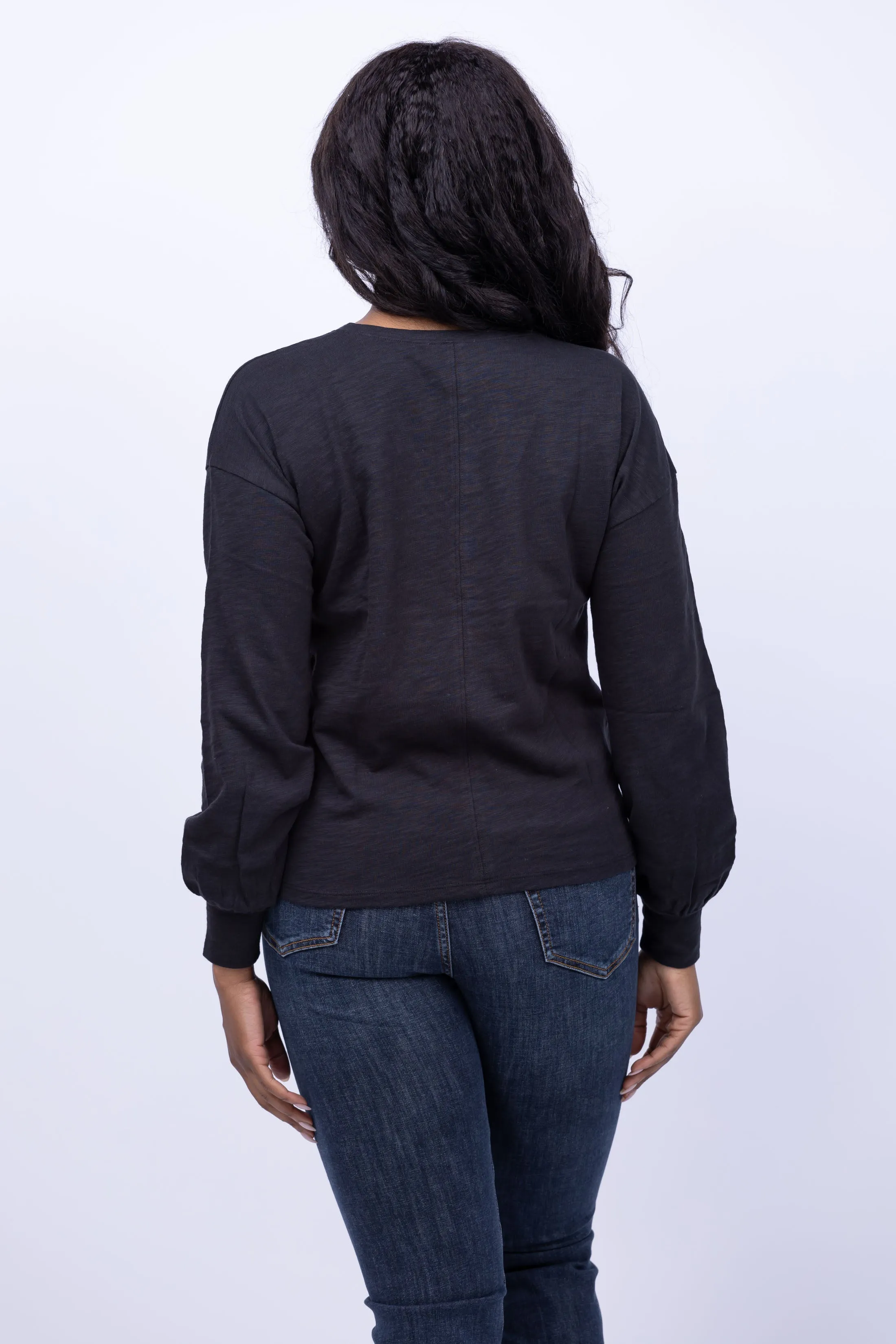 Lilla P Drop Shoulder V-Neck Tee in Black