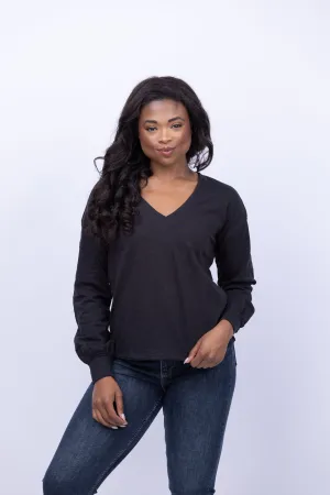 Lilla P Drop Shoulder V-Neck Tee in Black