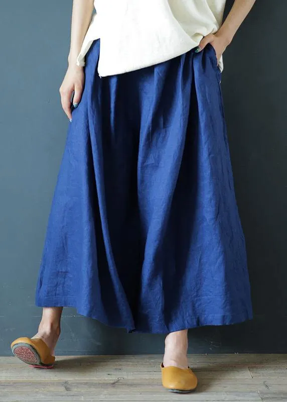 Literary linen navy blue cropped trousers and pants national style