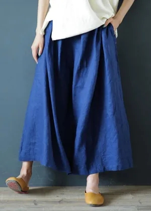 Literary linen navy blue cropped trousers and pants national style