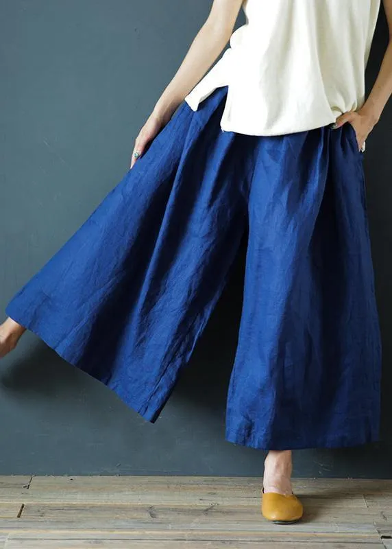 Literary linen navy blue cropped trousers and pants national style