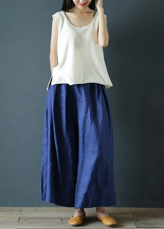 Literary linen navy blue cropped trousers and pants national style