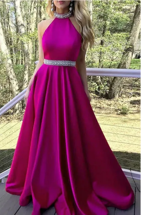 Luolandi Popular Satin Jewel Neckline Backless Sweep Train A-line Prom Dresses With Rhinestones Evening Dresses