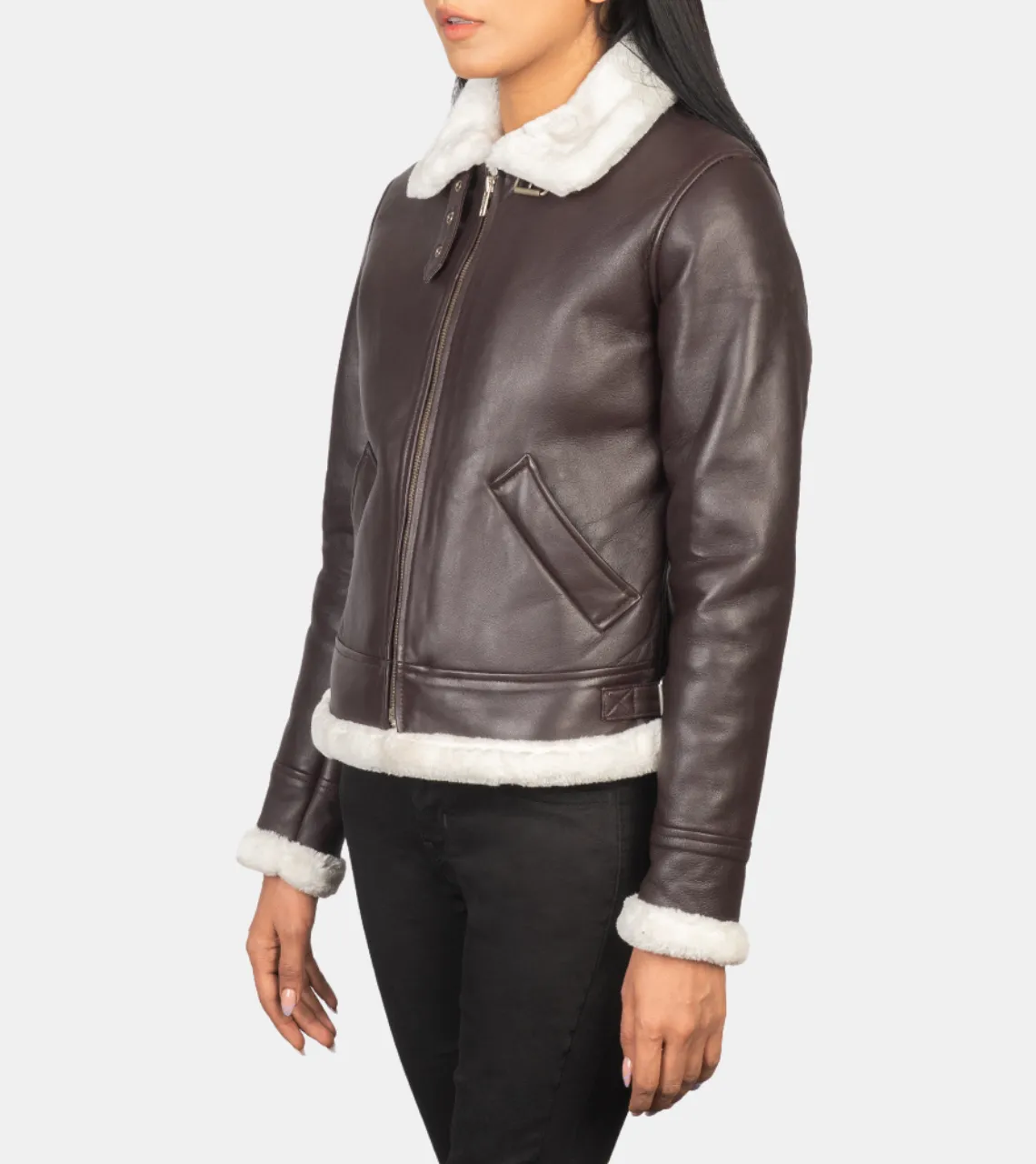 Maisiel Women's Tan Brown Bomber Shearling Leather Jacket