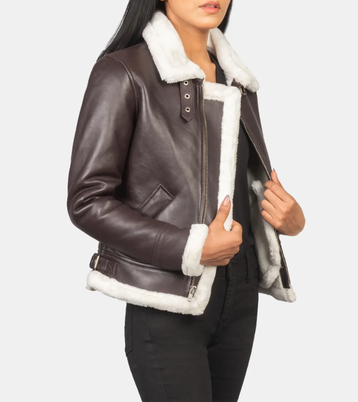 Maisiel Women's Tan Brown Bomber Shearling Leather Jacket