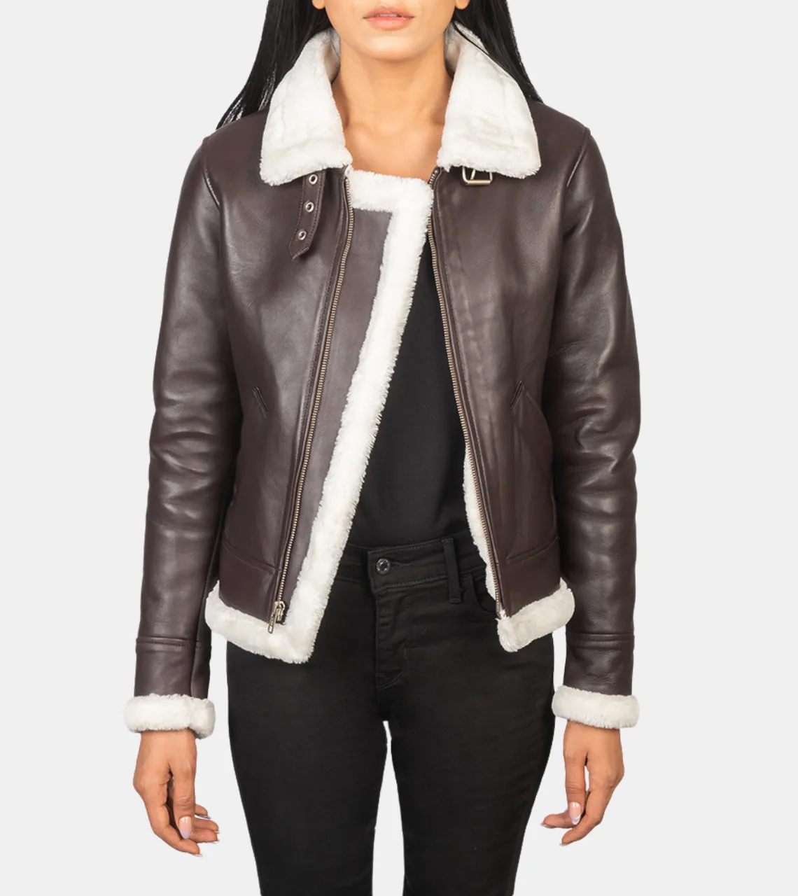 Maisiel Women's Tan Brown Bomber Shearling Leather Jacket