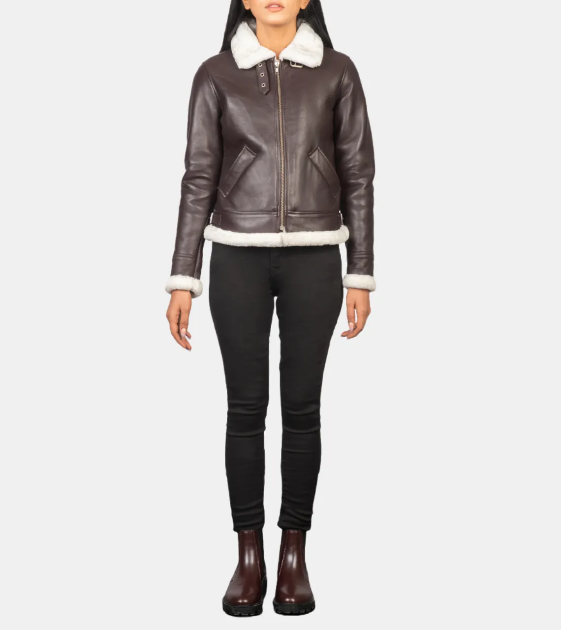 Maisiel Women's Tan Brown Bomber Shearling Leather Jacket