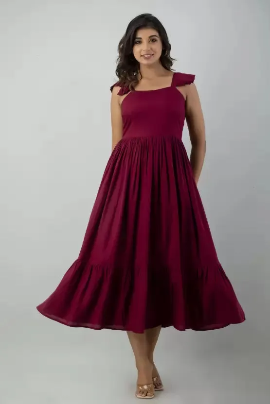 Maroon Solid A-Line Maxi Dress