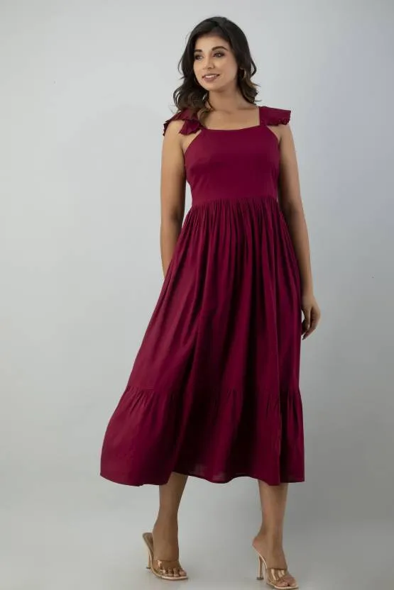Maroon Solid A-Line Maxi Dress