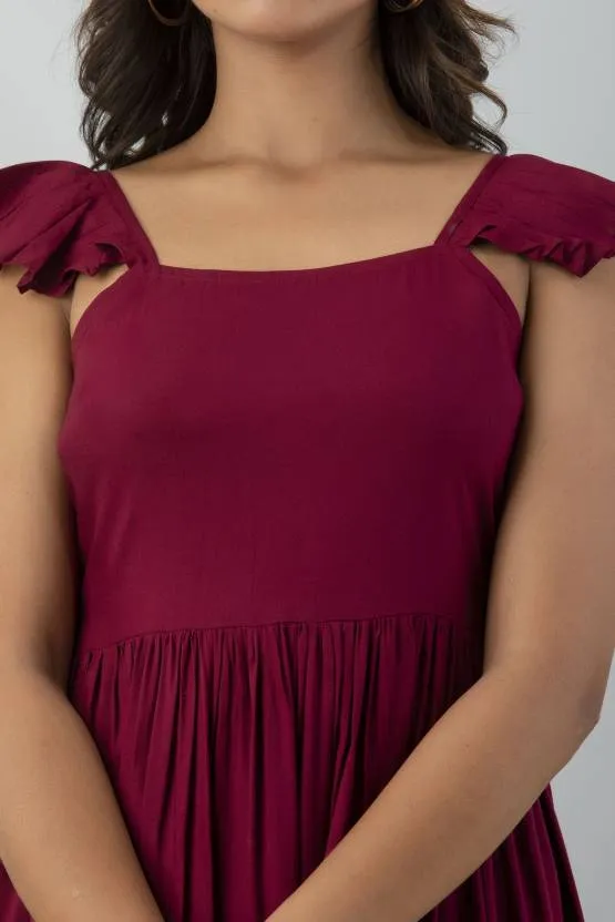 Maroon Solid A-Line Maxi Dress
