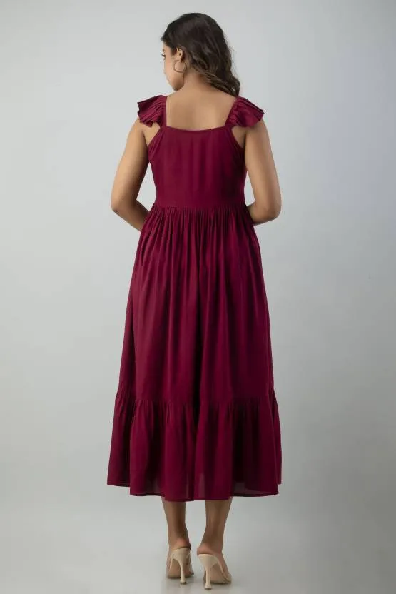 Maroon Solid A-Line Maxi Dress