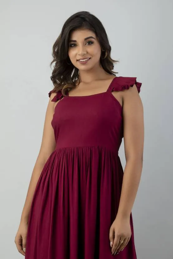 Maroon Solid A-Line Maxi Dress