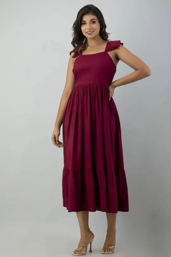 Maroon Solid A-Line Maxi Dress