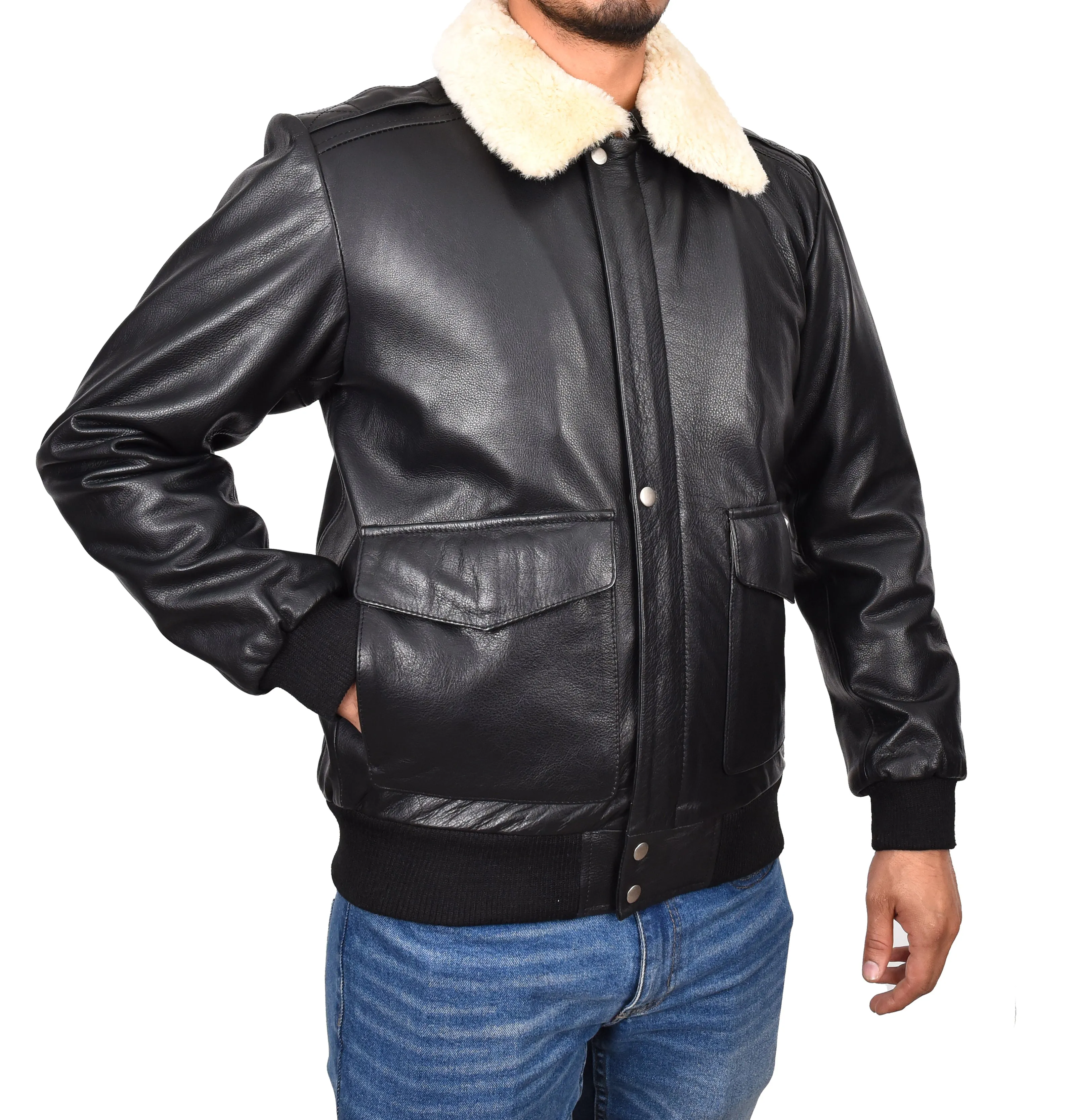 Men's Classic Aviator Real Leather Pilot Jacket Black Airvista
