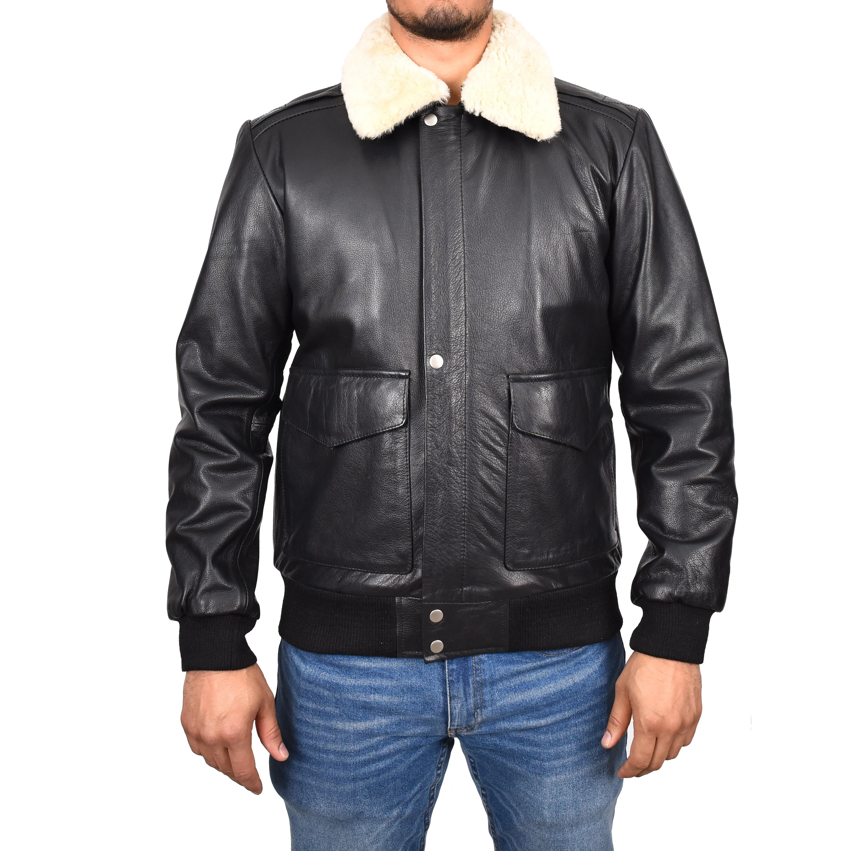 Men's Classic Aviator Real Leather Pilot Jacket Black Airvista