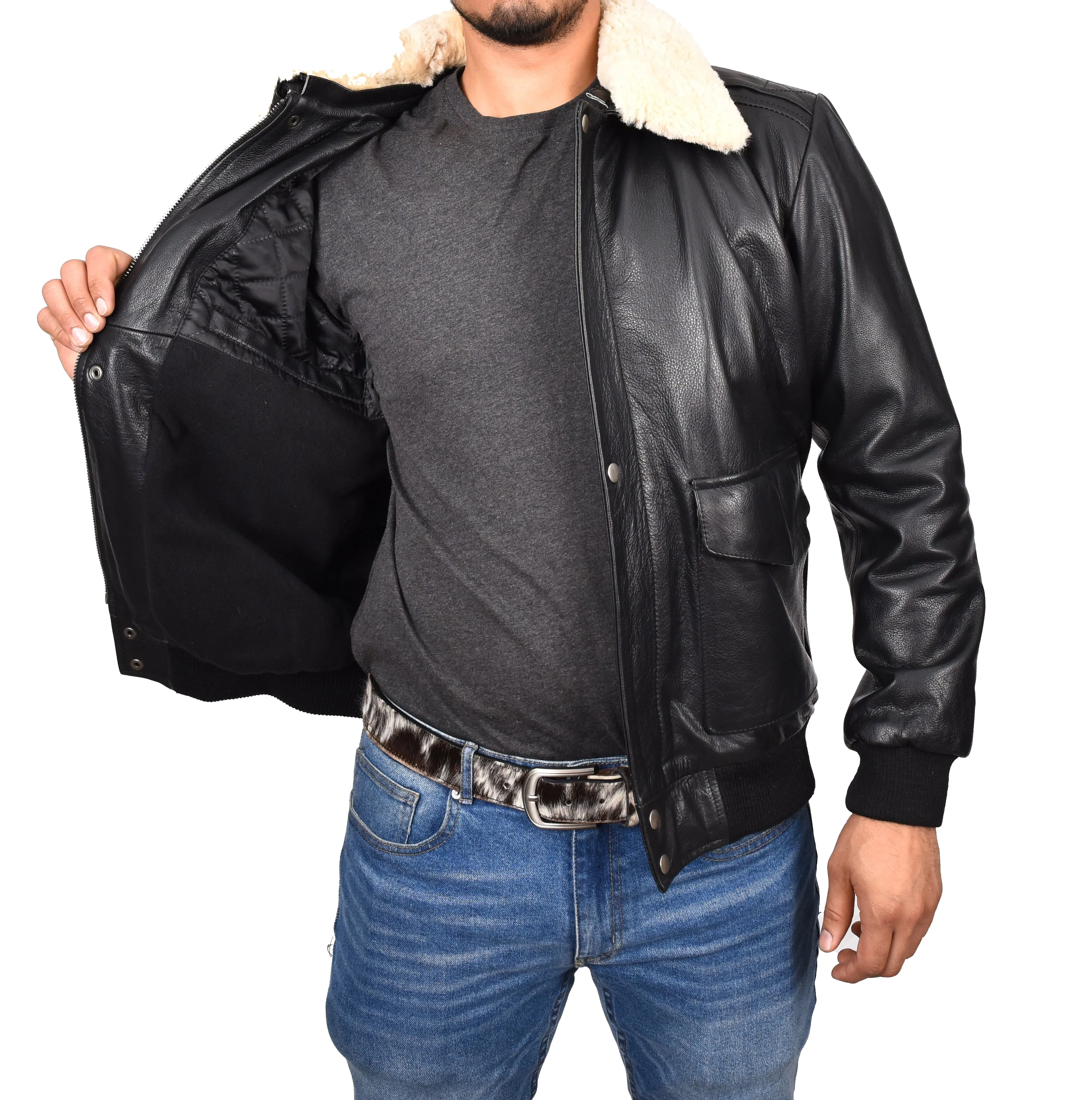 Men's Classic Aviator Real Leather Pilot Jacket Black Airvista