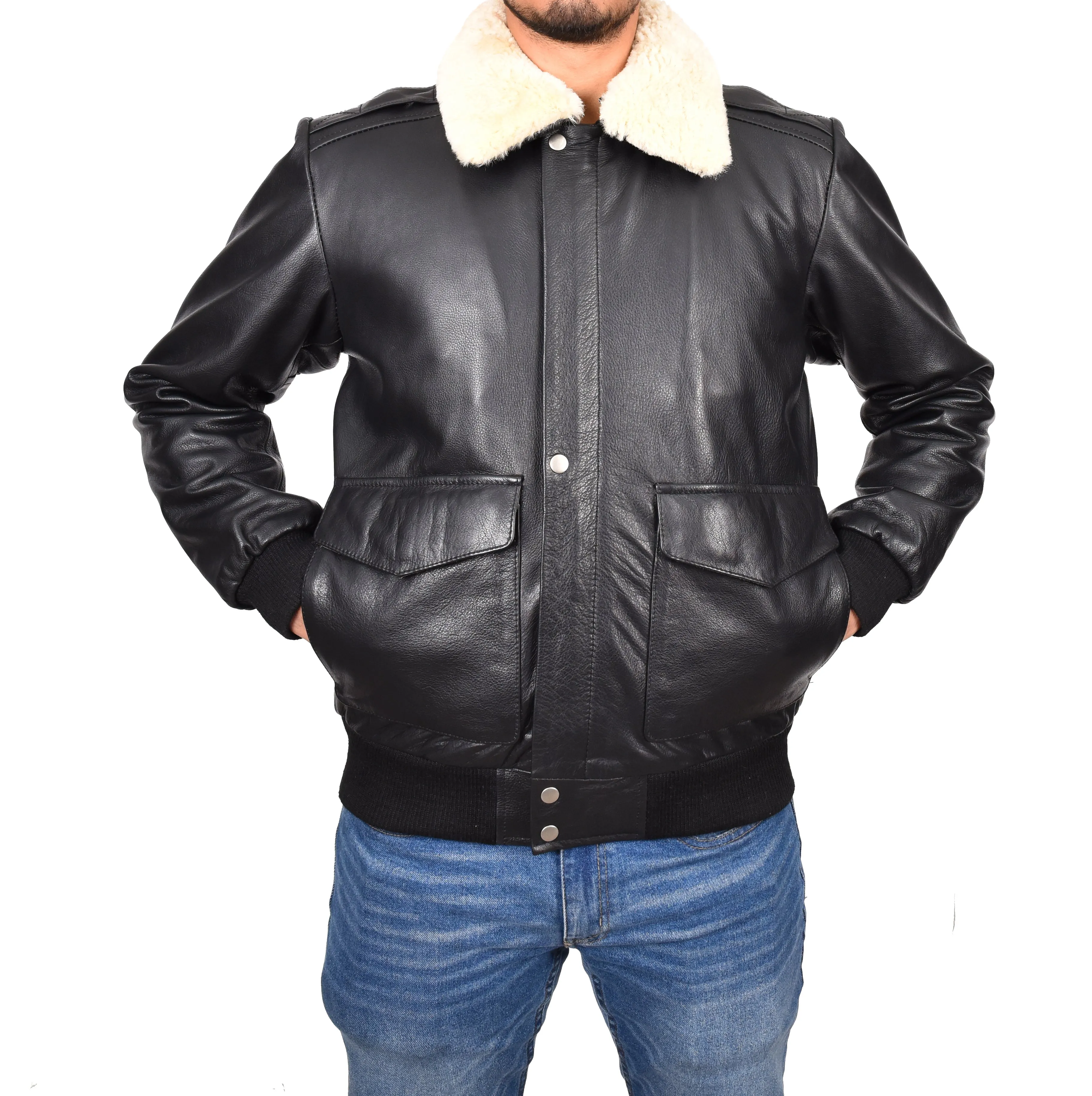 Men's Classic Aviator Real Leather Pilot Jacket Black Airvista