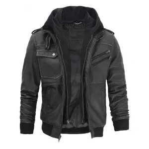 Men’s Grey Hooded Bomber Leather Jacket