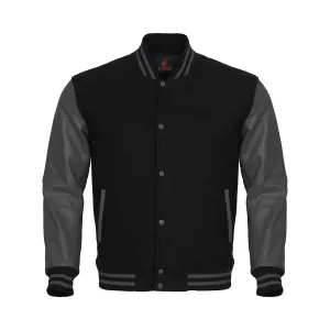 Mens Letterman Jacket Black Body and Gray Leather Sleeves Varsity Jacket