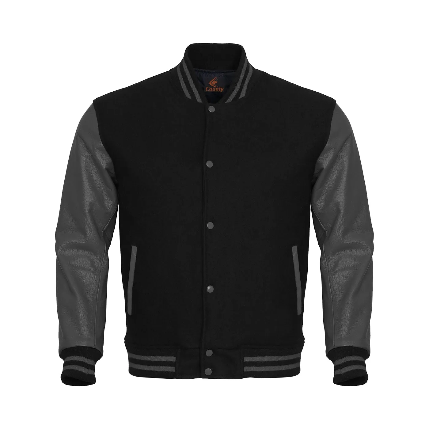 Mens Letterman Jacket Black Body and Gray Leather Sleeves Varsity Jacket