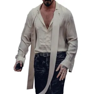 Men's Stylish Casual V-neck Detachable Tie Chiffon Long-sleeved Shirt 28609575K