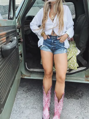Mom's The Word Distressed Denim Shorts