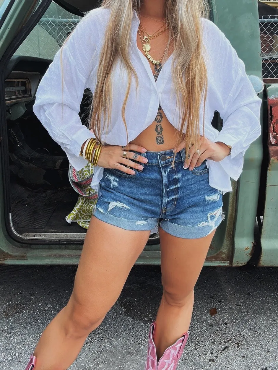 Mom's The Word Distressed Denim Shorts