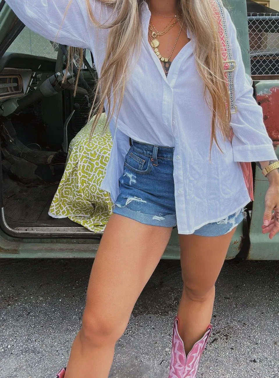 Mom's The Word Distressed Denim Shorts